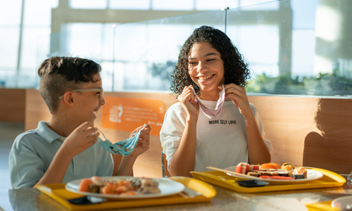 Students with masks at lunch