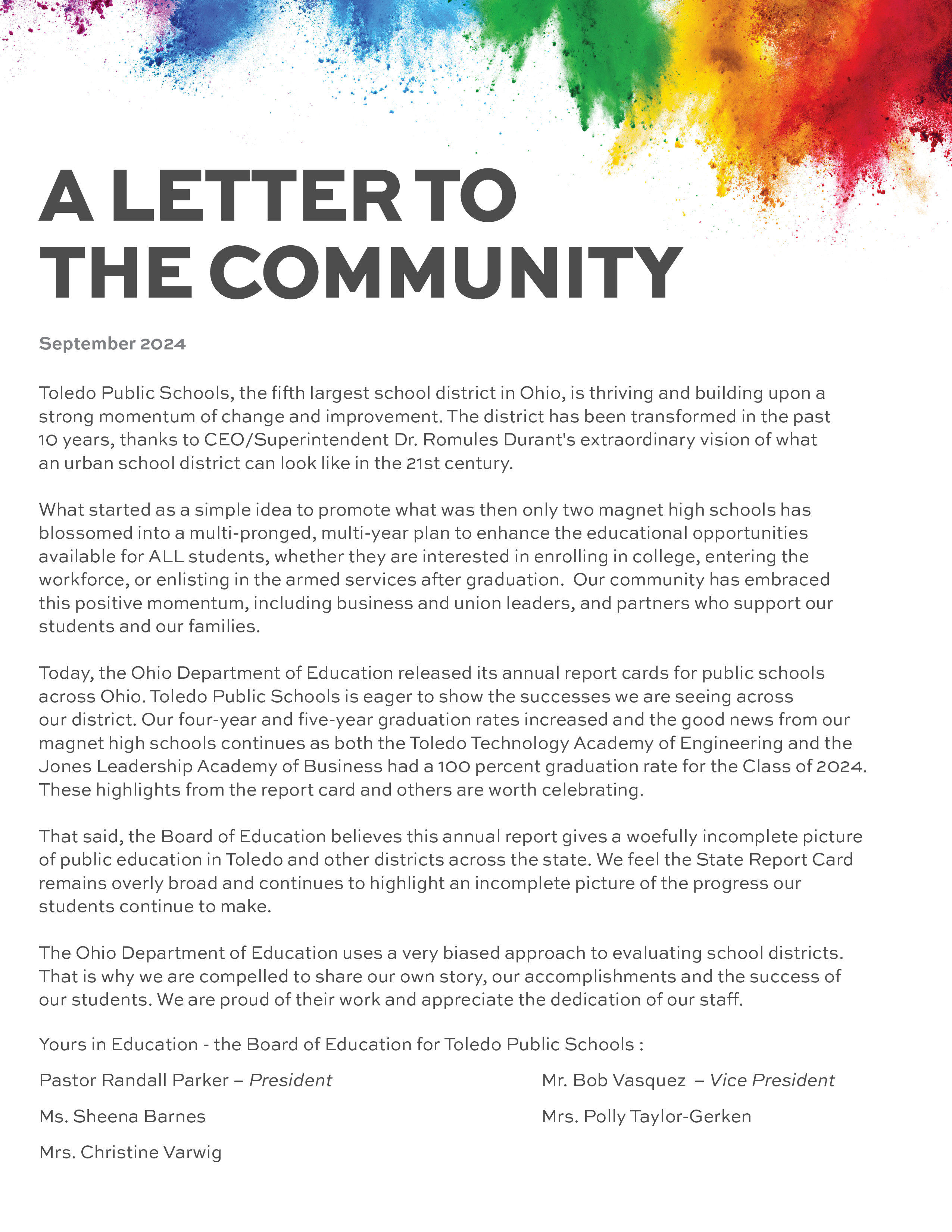 Letter to the Community